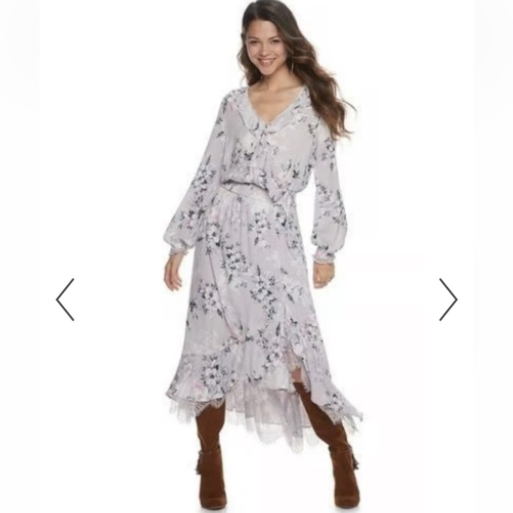 Daydreamer White and Gray Asymmetrical Ruffled Wrap Dress